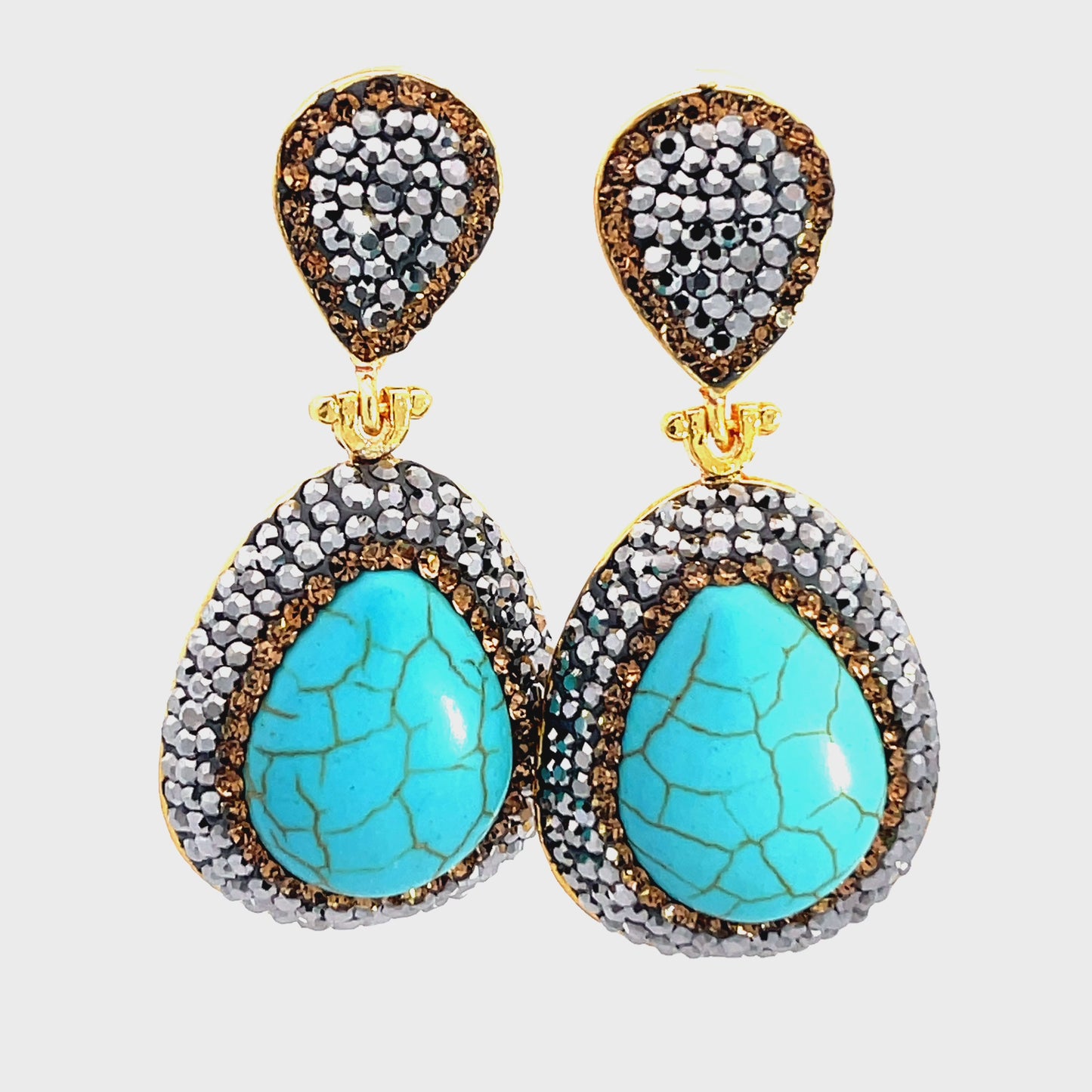 Load and play video in Gallery viewer, Turquoise Gemstone Gold &amp;amp; Silver Crystal Drop Earring
 Born To Glam