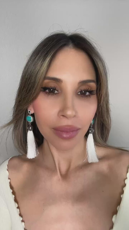 Load and play video in Gallery viewer, Turquoise Gemstone 925 Sterling Silver Tassel Earrings
 Born To Glam