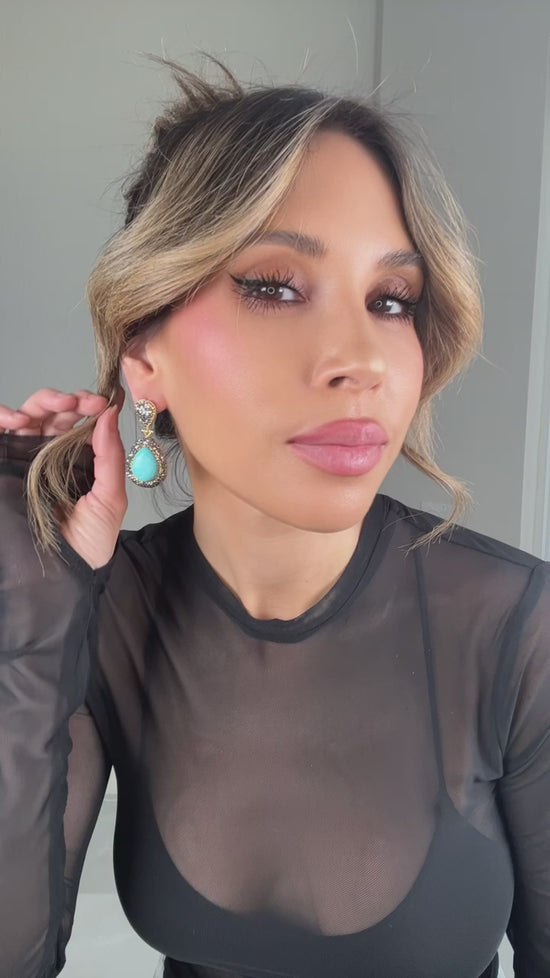 Load and play video in Gallery viewer, Turquoise Gemstone Gold &amp;amp; Silver Crystal Drop Earring
 Born To Glam