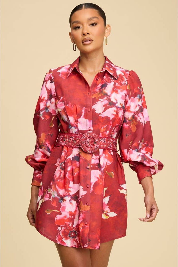 FALL FLORALS BELTED SHIRTDRESS - Born To Glam Born To Glam