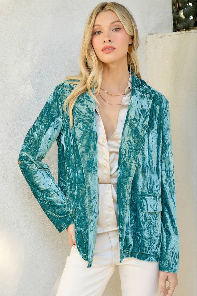 Seafoam Rolled Sleeve Velvet Blazer by Born To Glam Born To Glam