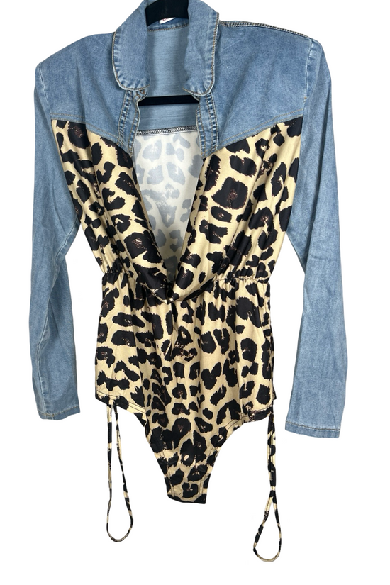 Denim Leopard Print Contrast Bodysuit - Born To Glam Born To Glam