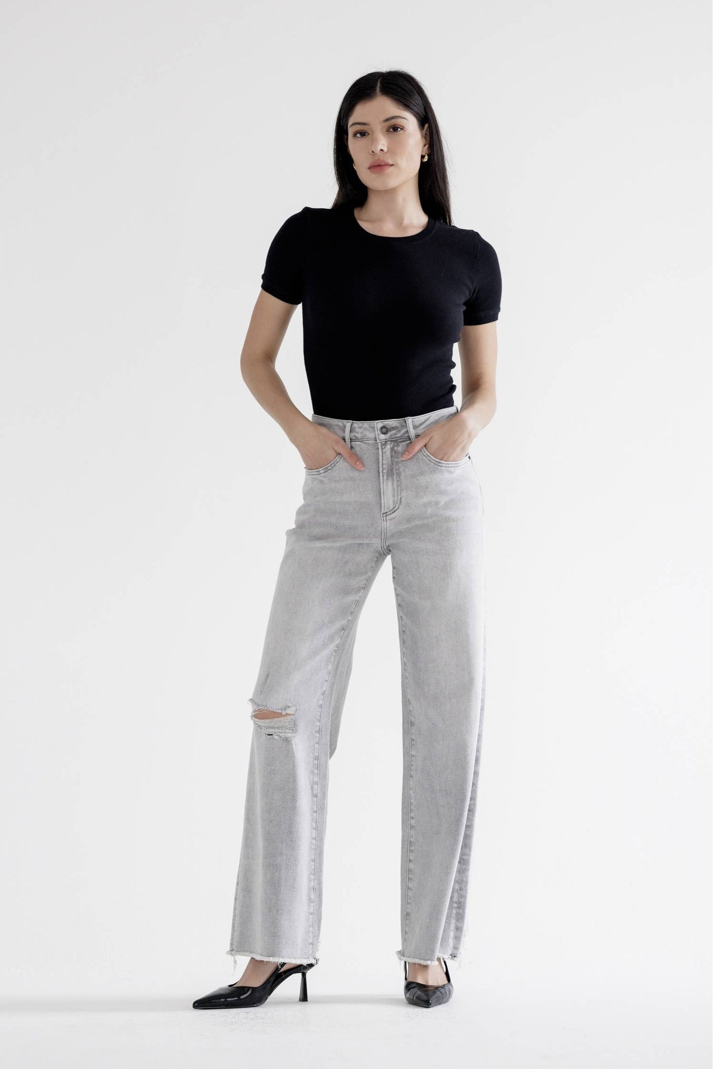 Grey Mica Denim High Rise Wide Leg With Raw Hem - Born To Glam Born To Glam
