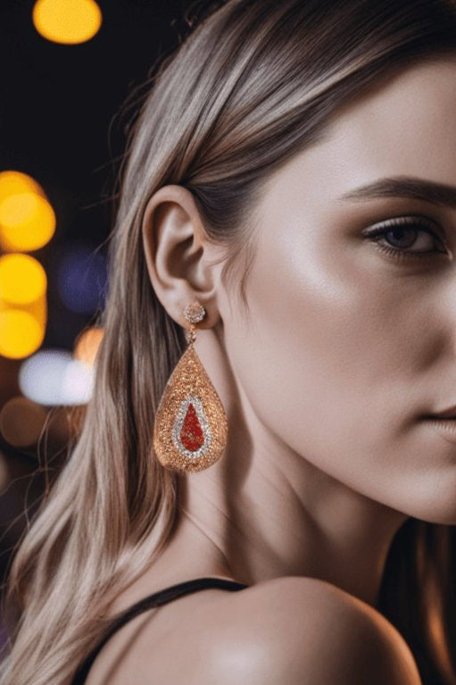 Red and Gold Crystal Sterling Silver Teardrop Statement Earring - Born To Glam Born To Glam